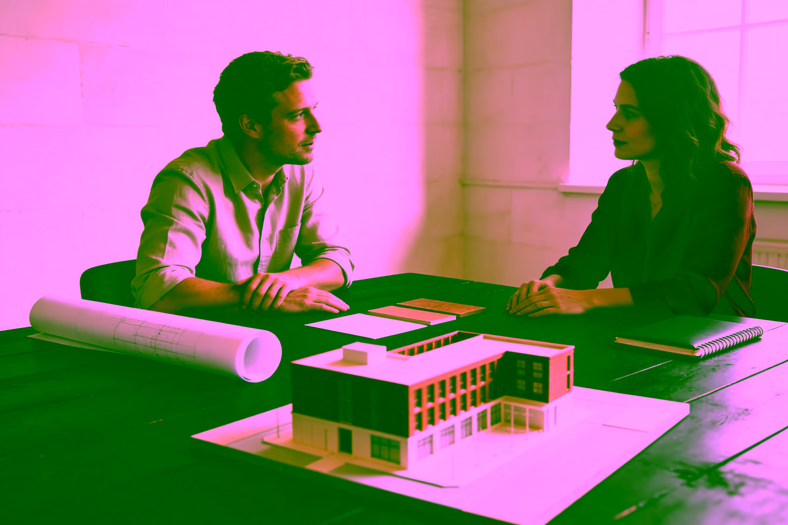 Una consulta de arquitectura alrededor de la maqueta de un edificio sobre una mesa.